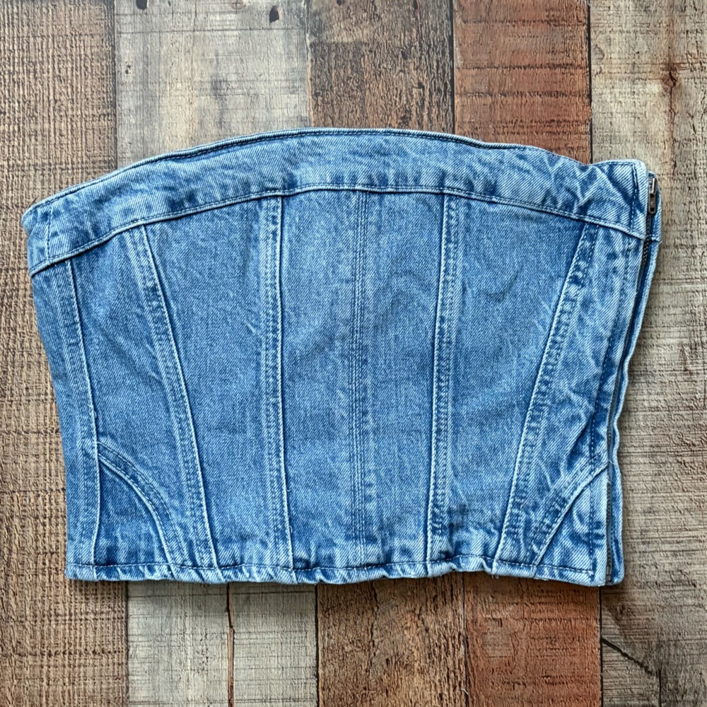 ZARA Strapless Denim Corset Top XS Acid Wash Bustier Y2K Festival